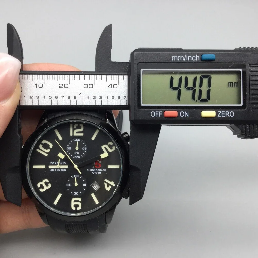 T5 Chronograph Watch Mens 44mm Black Dial Black Rubber Strap Date New Battery